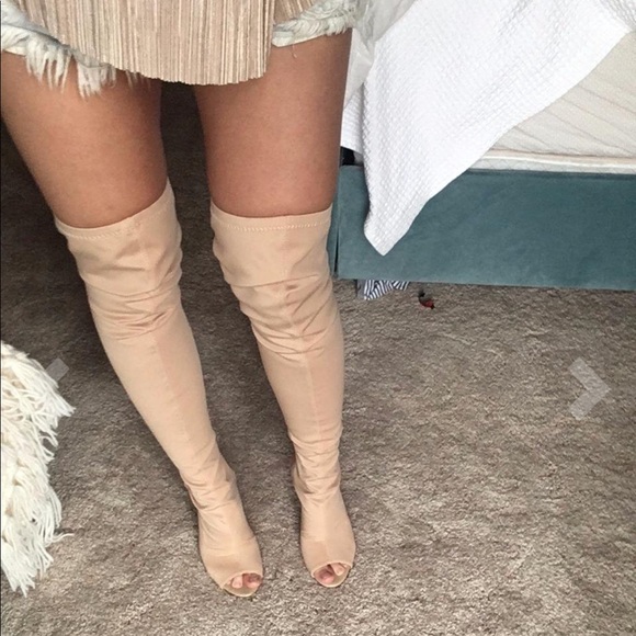 NIB Cream Neoprene Peep Toe Over The Knee Boots - Picture 3 of 8